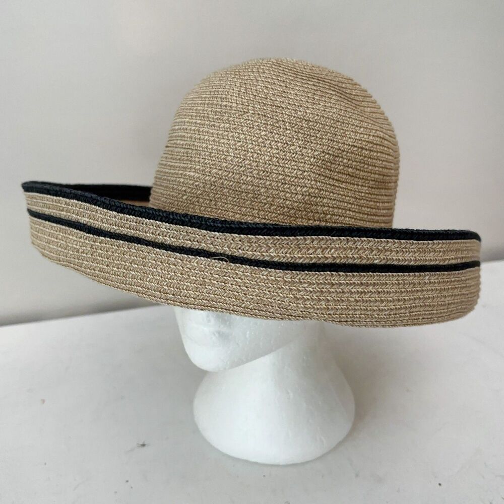 Betmar Womens O/S Tan & Black Woven Paper Blend Rolled Brim Vacation Sun Hat